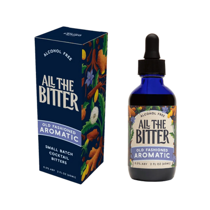 Bottle and box of 'All The Bitter' Old Fashioned Aromatic cocktail bitters on a white background