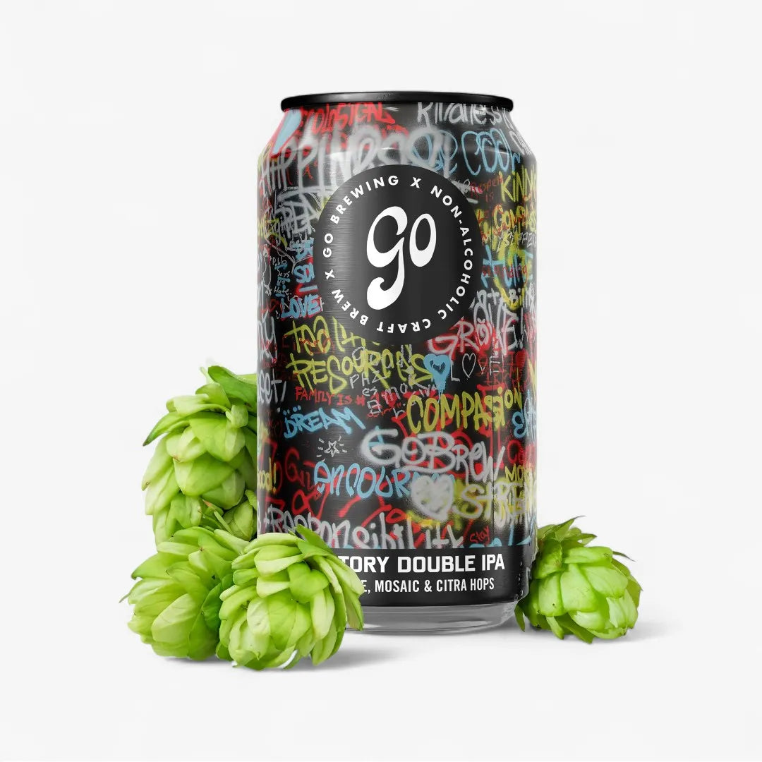 Beer can with colorful text and hop cones on a white background