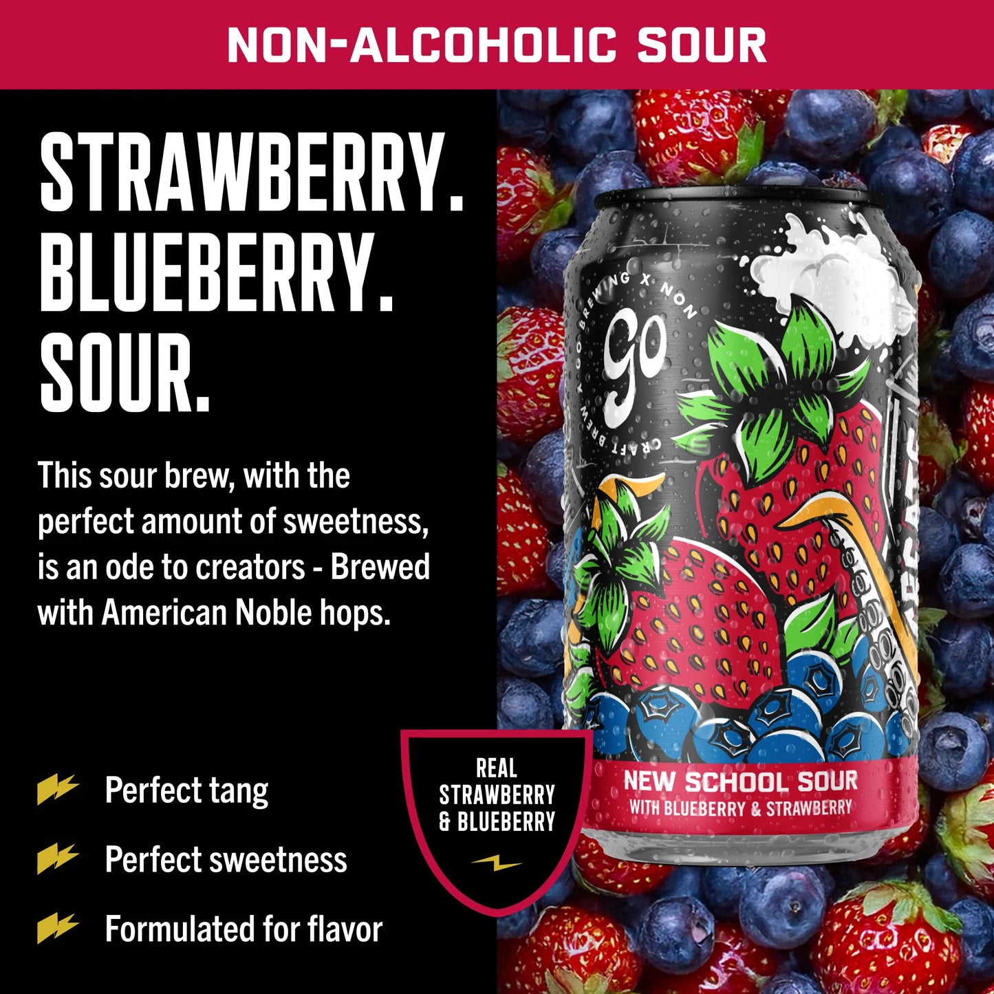 Non-alcoholic strawberry and blueberry sour beer can with text and fruit background