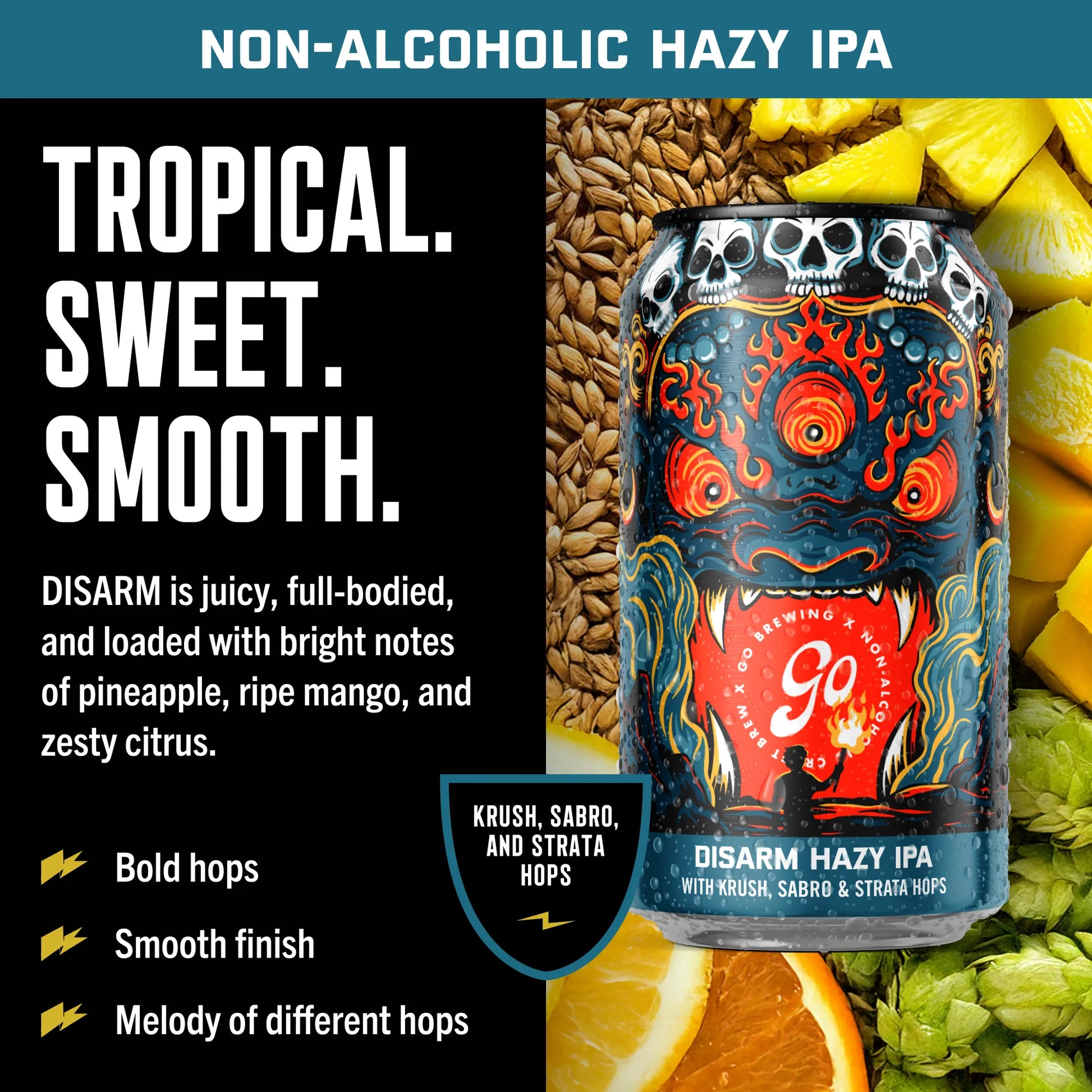 Non-alcoholic hazy IPA can with ingredients and flavor description on a blue background