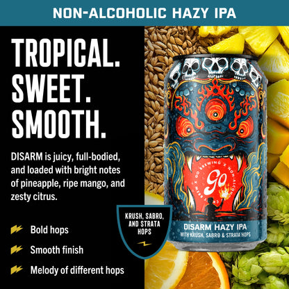 Non-alcoholic hazy IPA can with ingredients and flavor description on a blue background