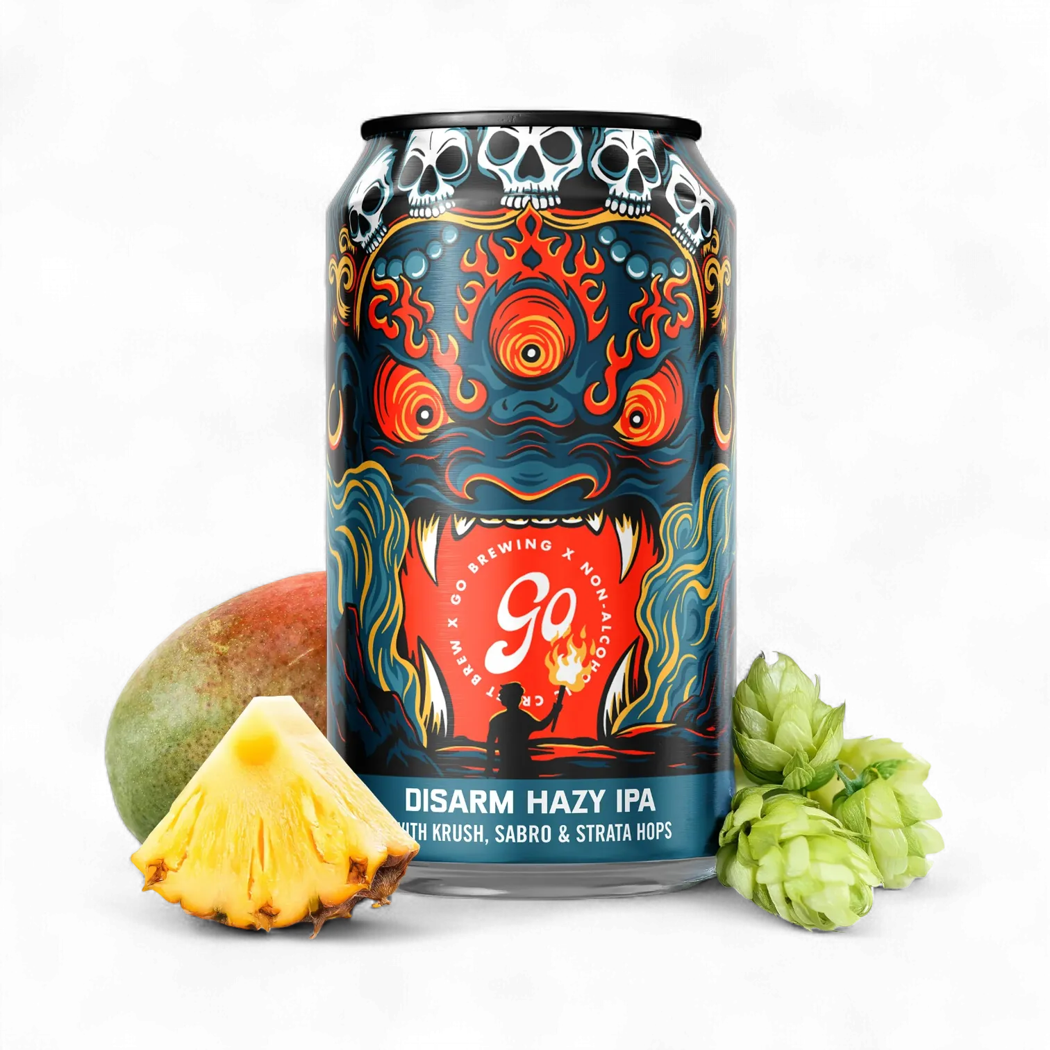 Can of Disarm Hazy IPA with pineapple and hops on a white background
