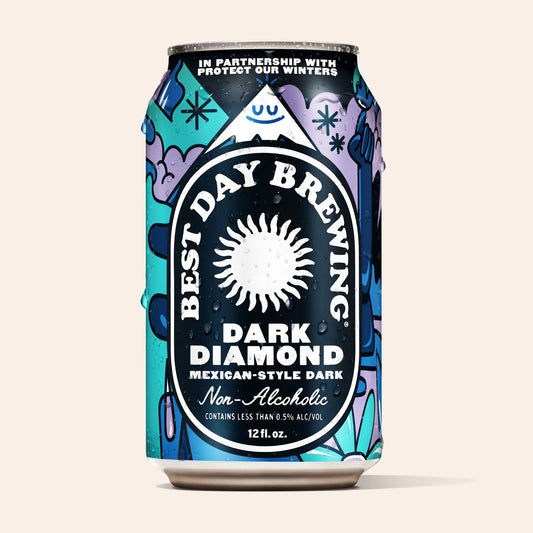 Can of Best Day Brewing Dark Diamond Mexican-Style Dark non-alcoholic beer on a beige background