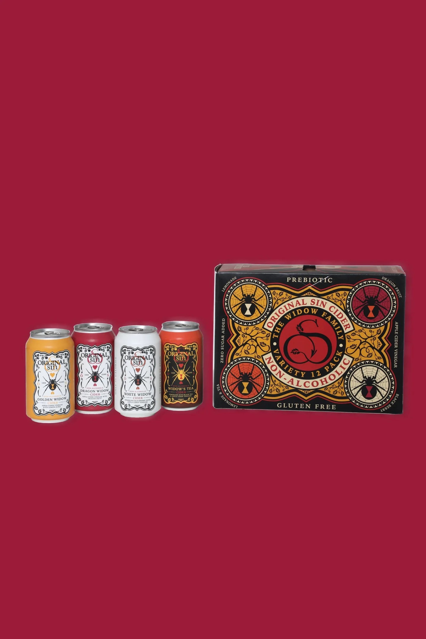 Five cans and a box with a distinctive label on a red background