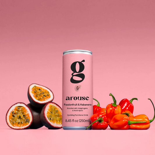 Can labeled 'arouse' with passionfruit and habanero on a pink background