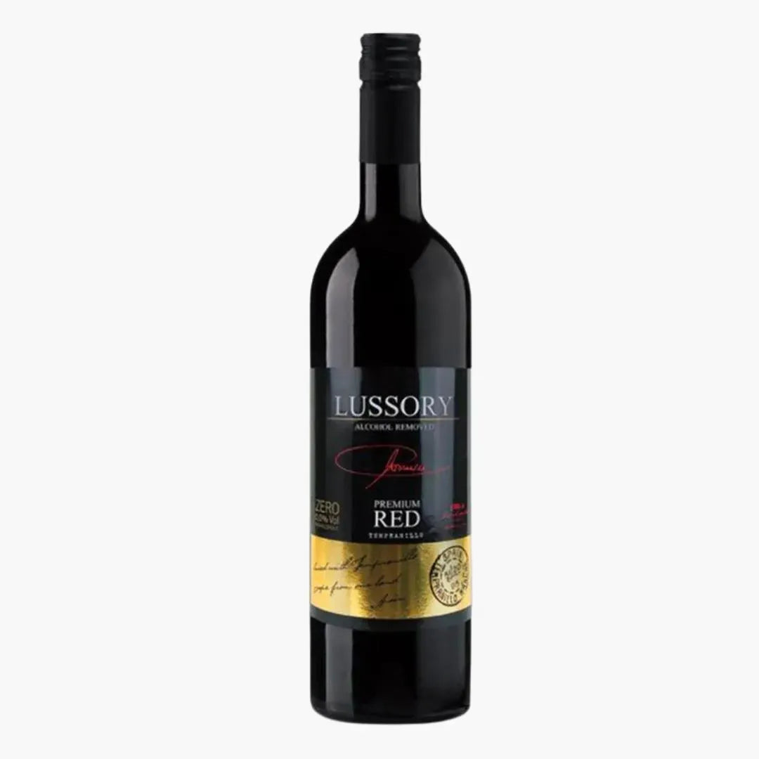 Wine bottle with 'Lussory' label on a white background