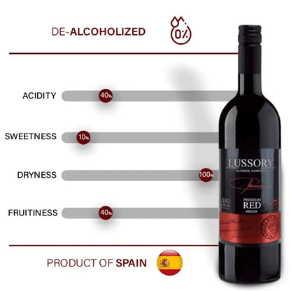 Bottle of Lussory Premium Red wine with de-alcoholized information on a white background