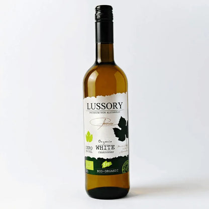 Bottle of Lussory zero white wine on a white background