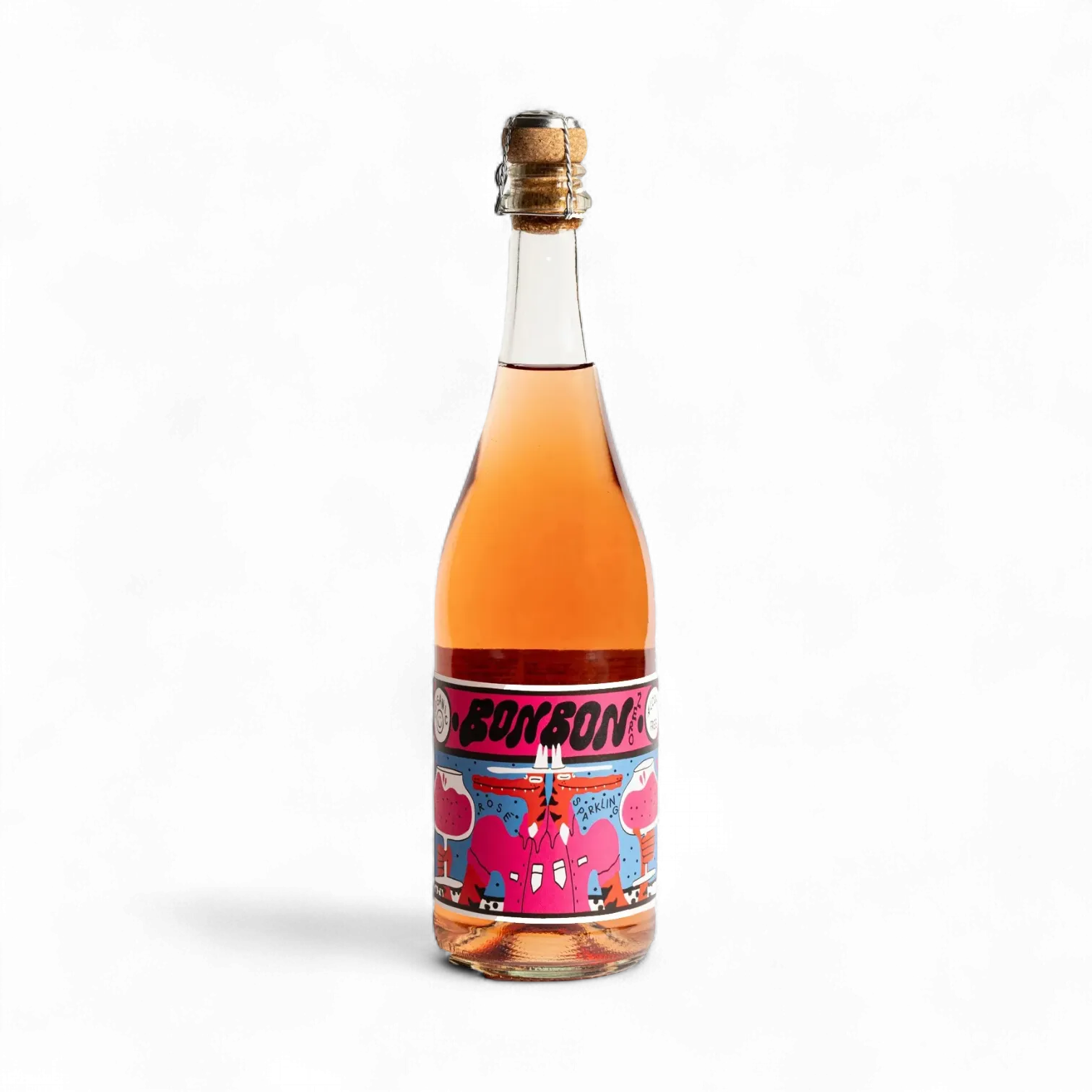 Bottle of Bonbon sparkling wine with a colorful label on a white background
