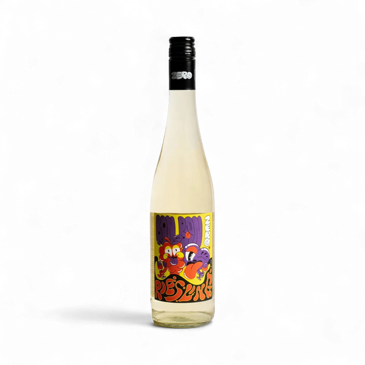 Wine bottle with colorful label on a white background