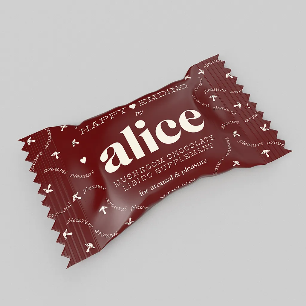 Red packaging of 'alice' mushroom chocolate libido supplement on a gray background