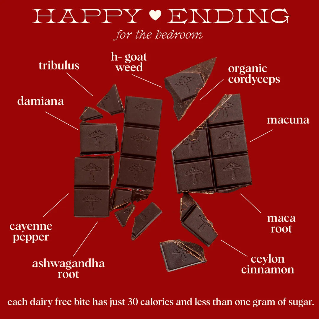 Chocolate bars with health benefits listed on a red background