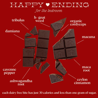 Chocolate bars with health benefits listed on a red background