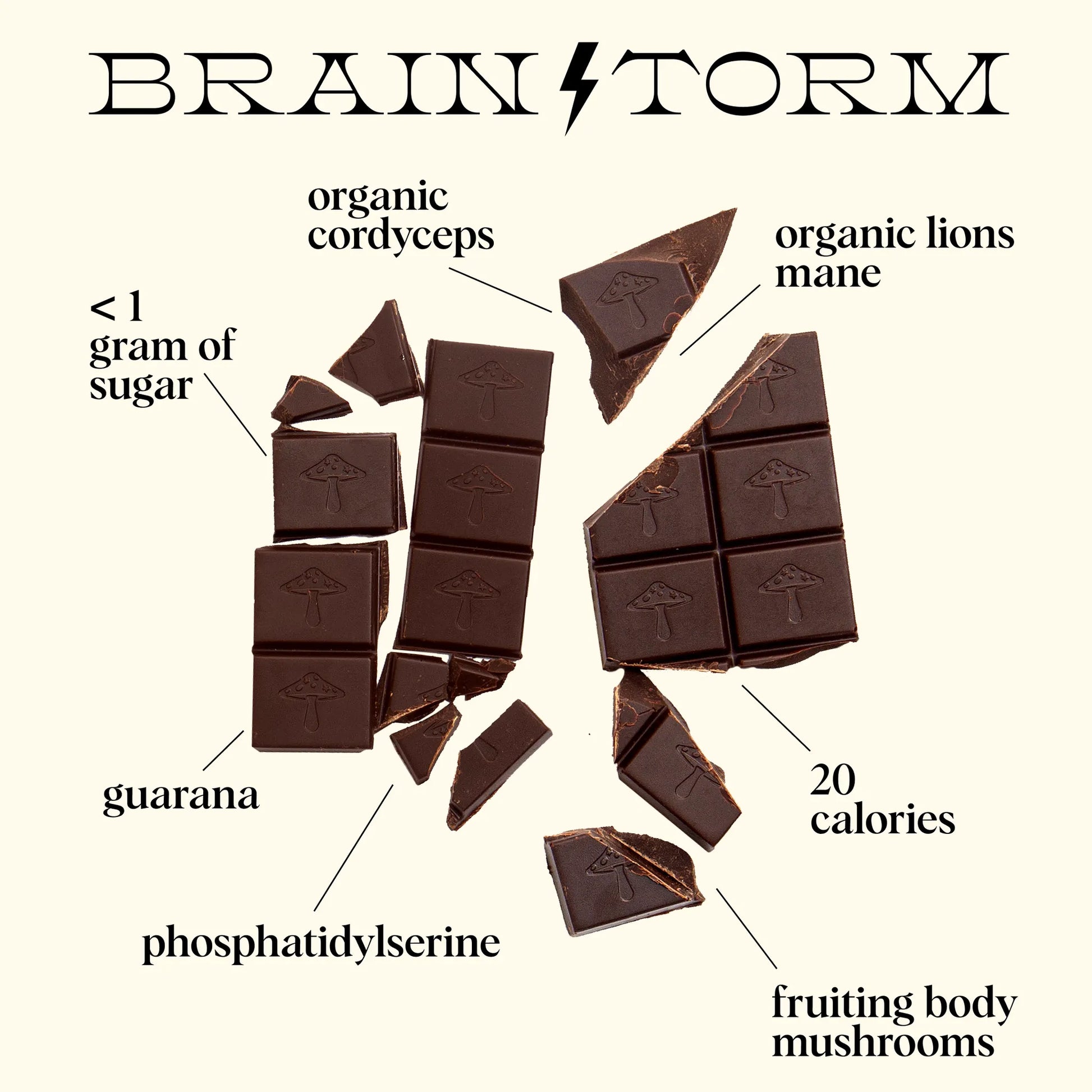 Chocolate bars with health benefits labeled on a white background, featuring the brand 'Brain Storm'.