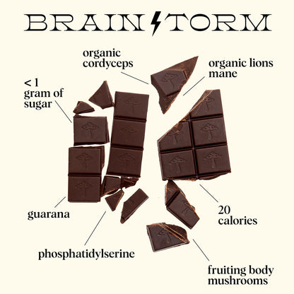Chocolate bars with health benefits labeled on a white background, featuring the brand 'Brain Storm'.