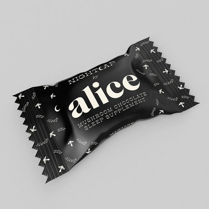 Pack of Nightcap by Alice mushroom chocolate sleep supplement on a gray background