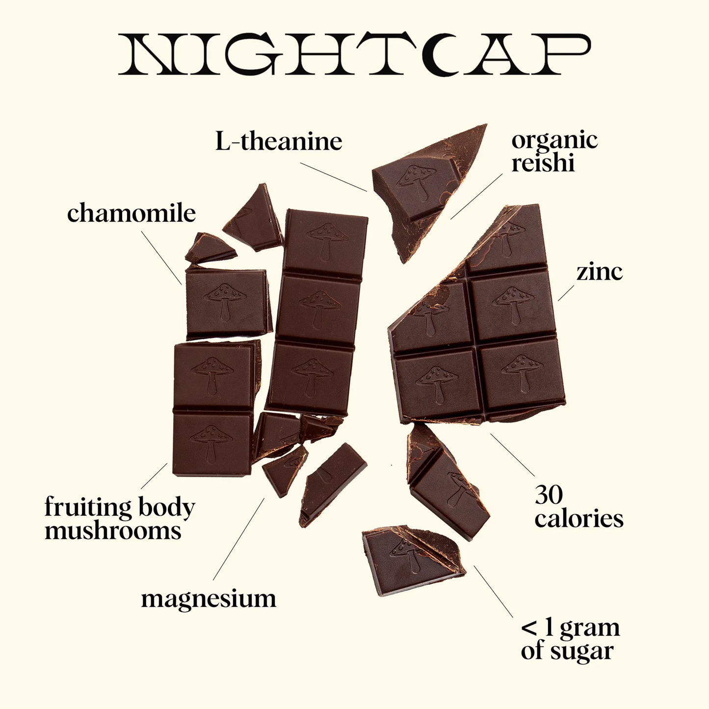 Chocolate bars labeled with health benefits on a white background