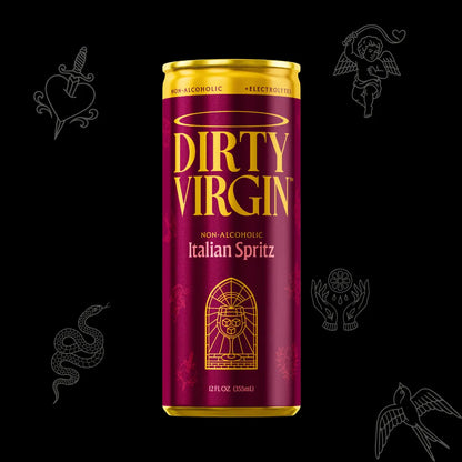 Dirty Virgin non-alcoholic Italian Spritz can on a black background with decorative elements.