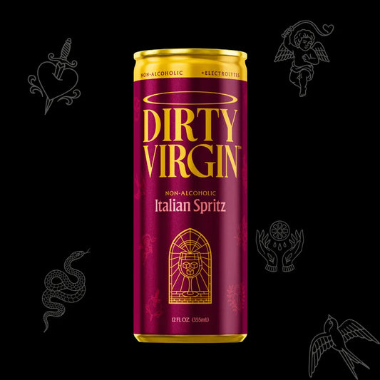 Dirty Virgin non-alcoholic Italian Spritz can on a black background with decorative elements.