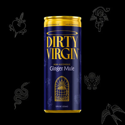Can of Dirty Virgin non-alcoholic ginger mule on a black background with decorative elements.