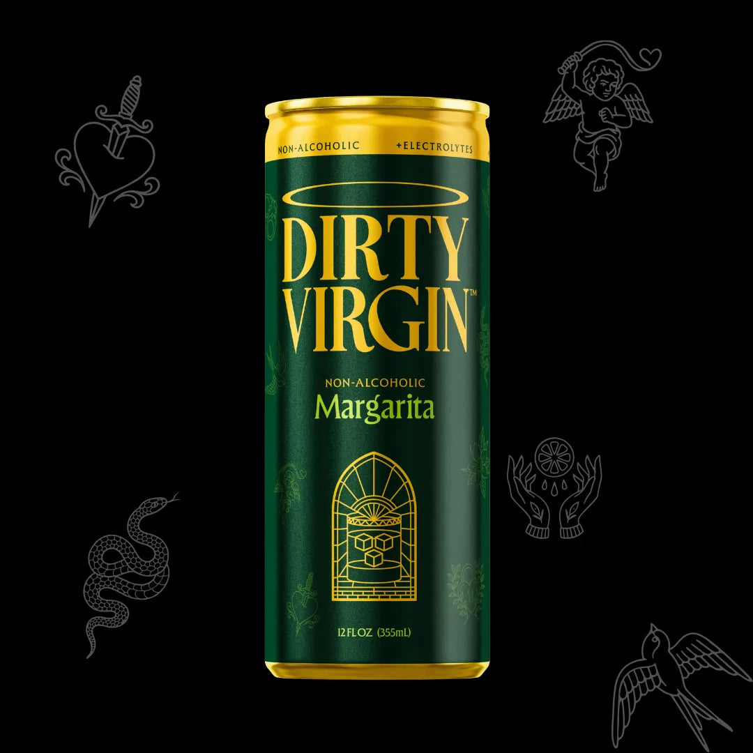 Green can of Dirty Virgin non-alcoholic margarita with gold accents on a black background