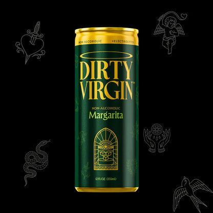 Green can of Dirty Virgin non-alcoholic margarita with gold accents on a black background