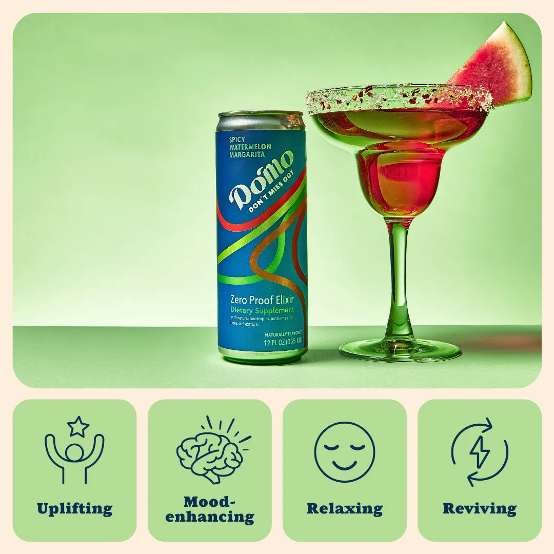 Domo Zero Proof Elixir can with a margarita and watermelon slice on a green background