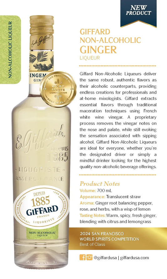 Giffard Non-Alcoholic Ginger Liqueur bottle with product details on a gold and white background