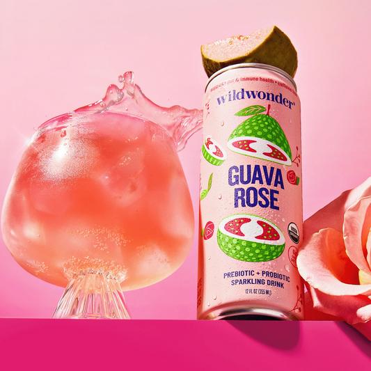 Can of Wildwonder Guava Rose sparkling drink with a pink background