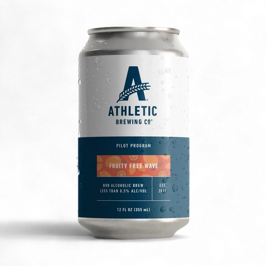 Athletic Brewing Co. can with a blue label on a white background
