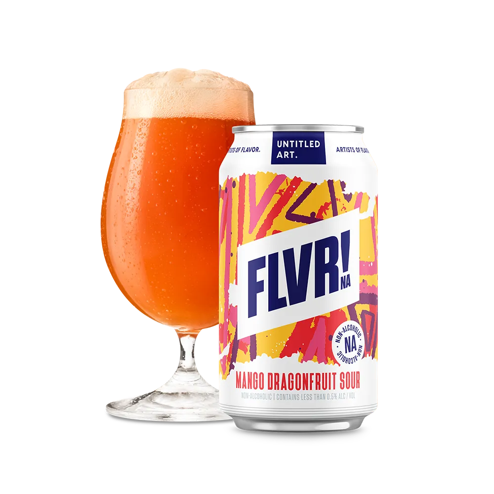 Can of FLVR! mango dragonfruit sour beer next to a glass of the same beer on a white background