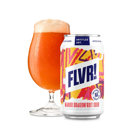Can of FLVR! mango dragonfruit sour beer next to a glass of the same beer on a white background