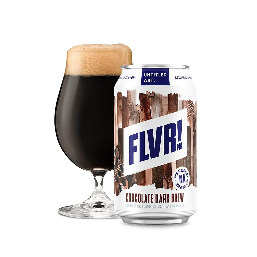 Can of FLVR! Chocolate Dark Brew beer next to a glass of dark beer on a white background