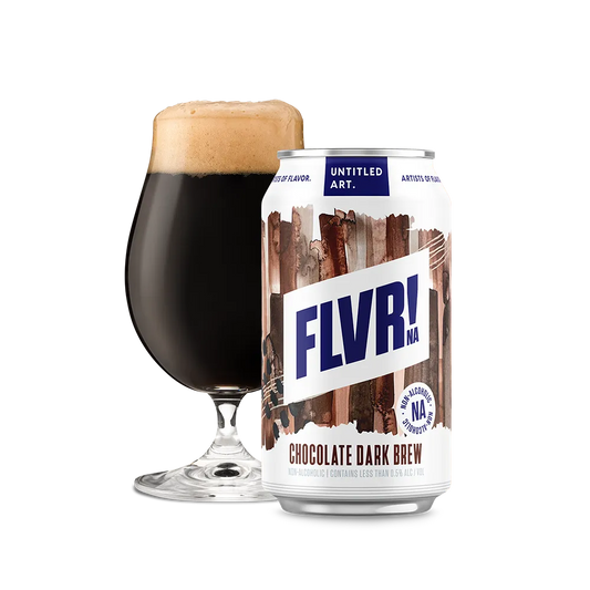 Can of FLVR! Chocolate Dark Brew beer next to a glass of dark beer on a white background
