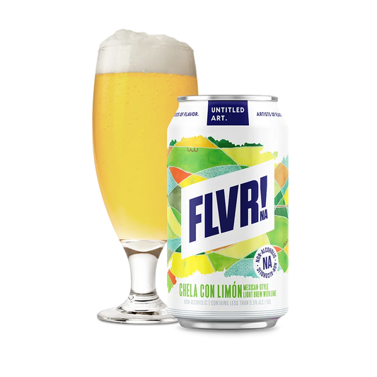 Can of FLVR! beer with a glass of beer on a white background
