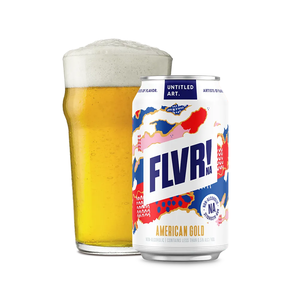 Can of FLVR! beer with a glass of beer on a white background