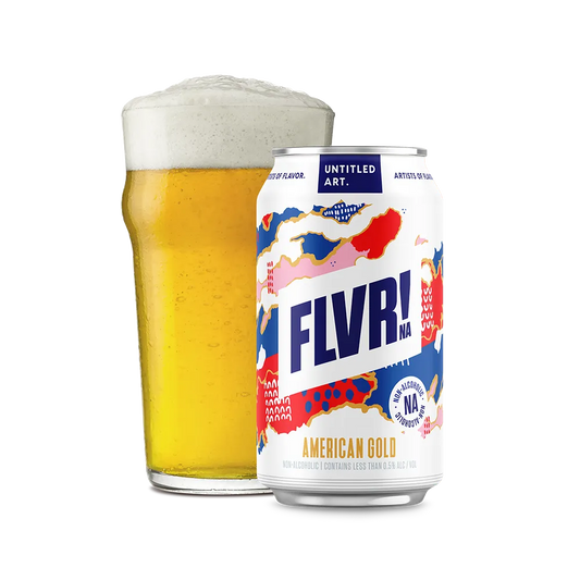 Can of FLVR! beer with a glass of beer on a white background