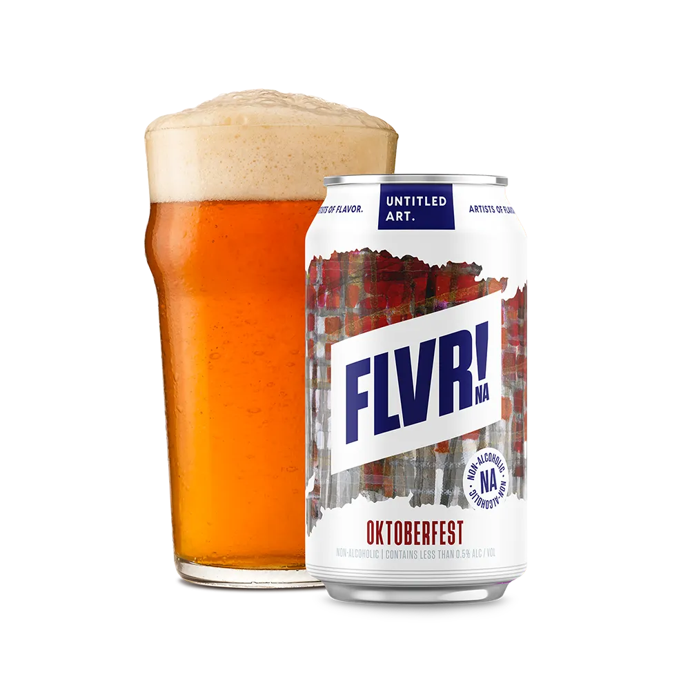 Beer can labeled 'FLVR!' next to a glass of beer on a white background