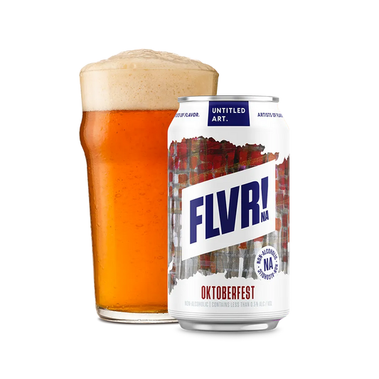 Beer can labeled 'FLVR!' next to a glass of beer on a white background