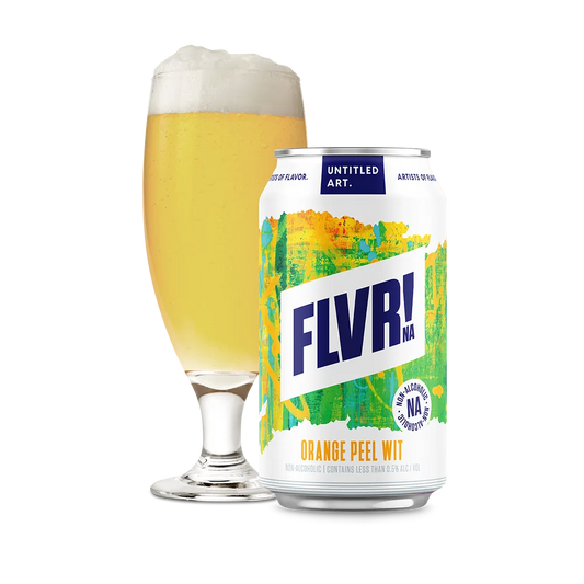 Can of FLVR! Orange Peel Wit beer next to a glass of the same beer on a white background