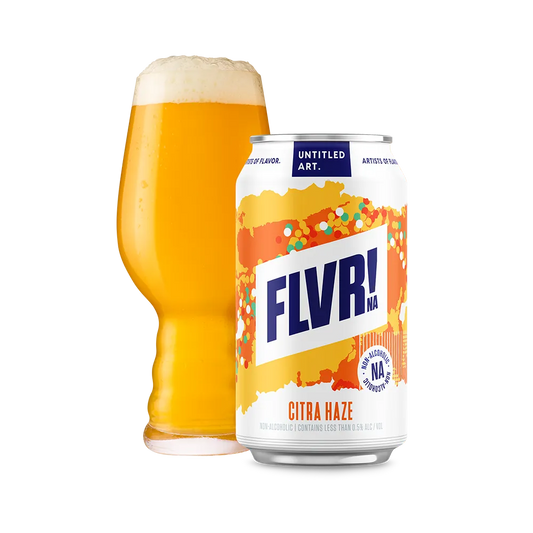 Can of FLVR! Citra Haze beer next to a glass of beer on a white background