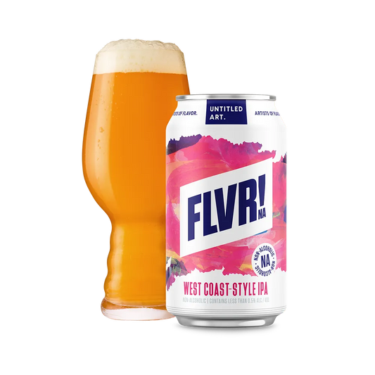 Can of FLVR! West Coast Style IPA next to a glass of beer on a white background