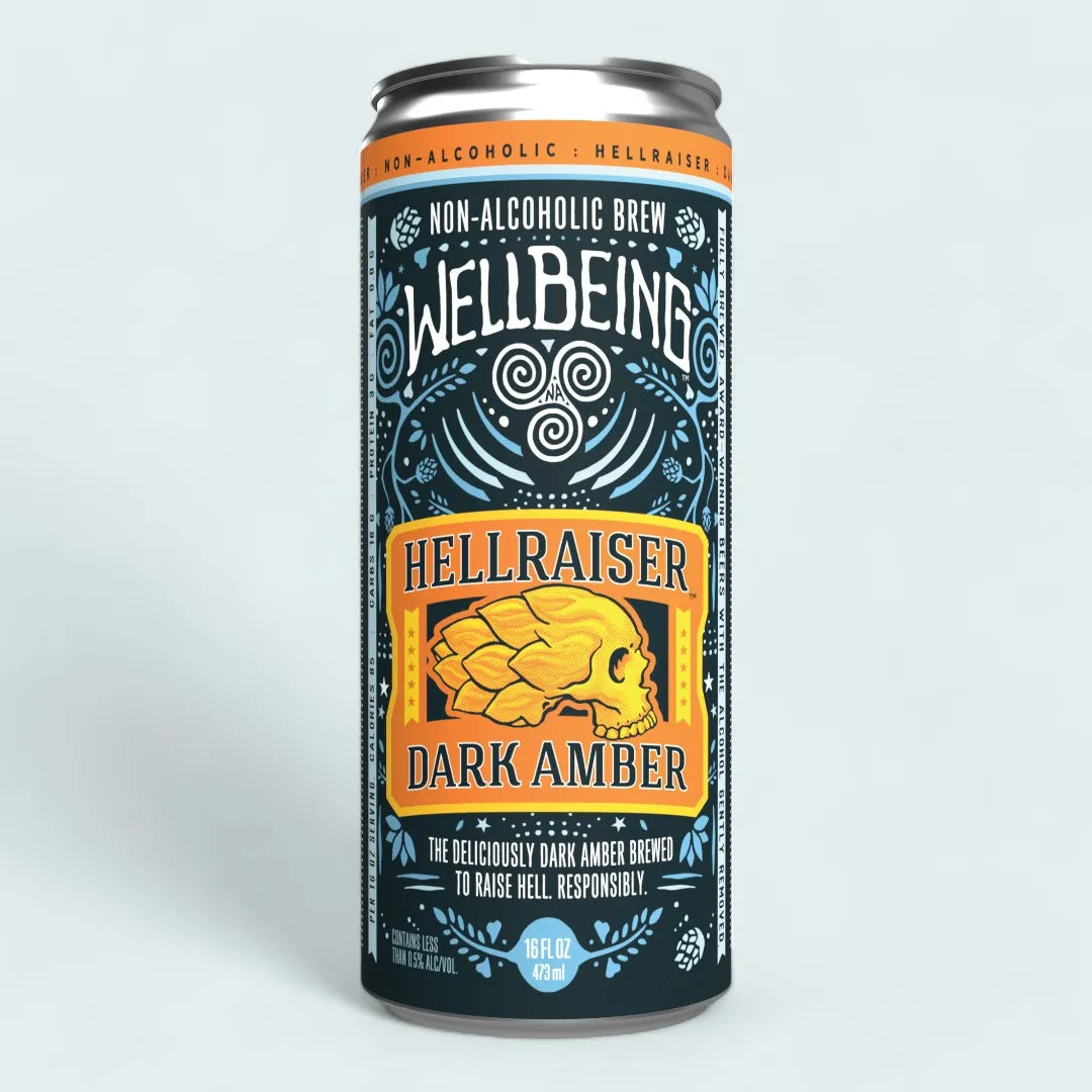 Can of Wellbeing Hellraiser Dark Amber non-alcoholic brew on a light gray background