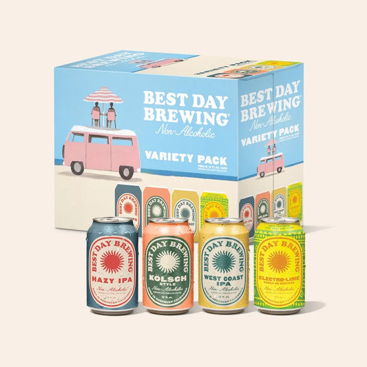 Best Day Brewing non-alcoholic beer variety pack with colorful packaging and cans.