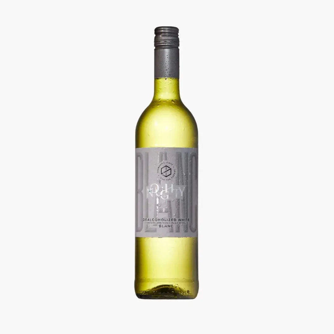 Bottle of alcohol-free white wine on a white background