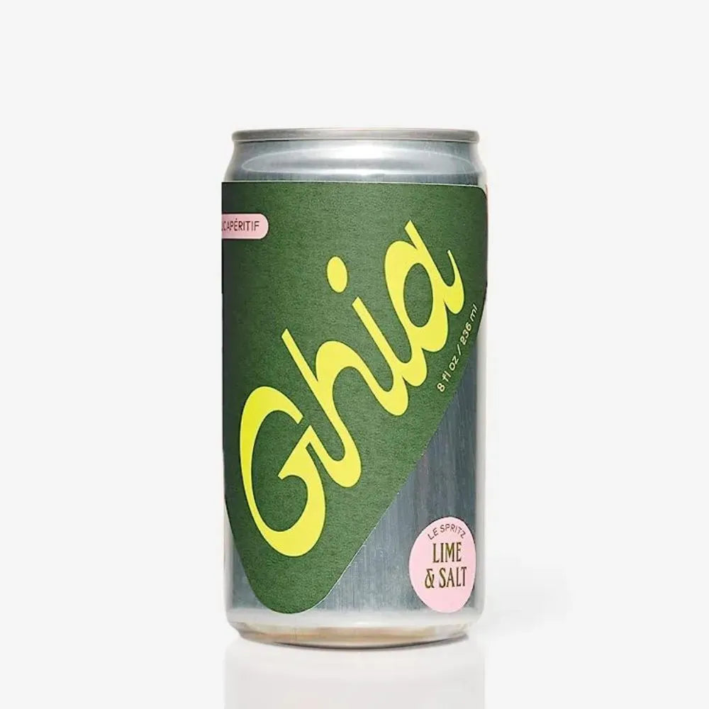 Ghia lime and salt sparkling water can on a white background