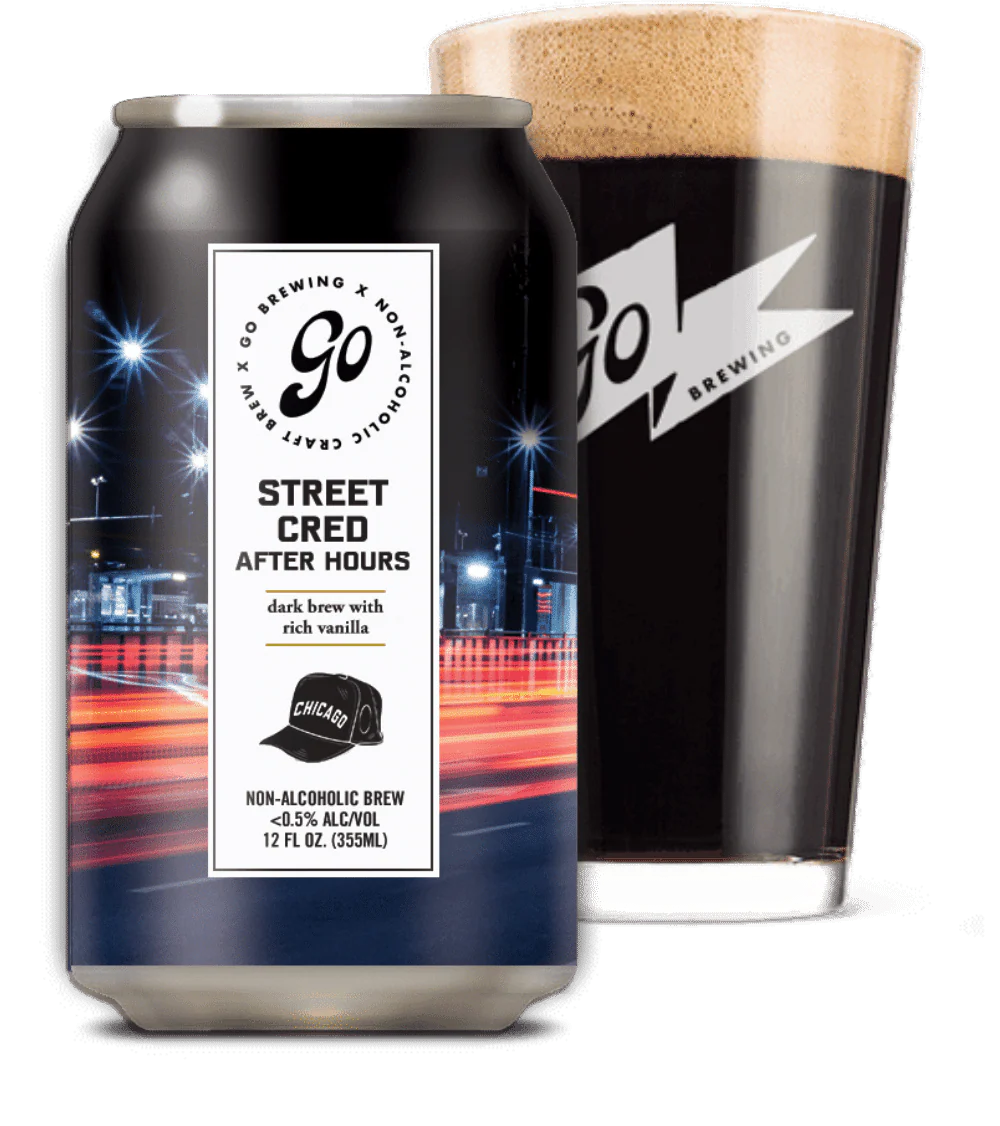 Go Brewing Street Cred After Hours can and glass with night cityscape design.