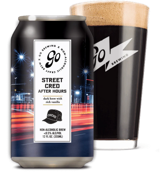 Go Brewing Street Cred After Hours can and glass with night cityscape design.