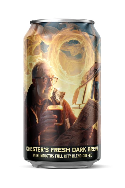 Can of Chester's Fresh Dark Brew with a person holding a beer on the label.