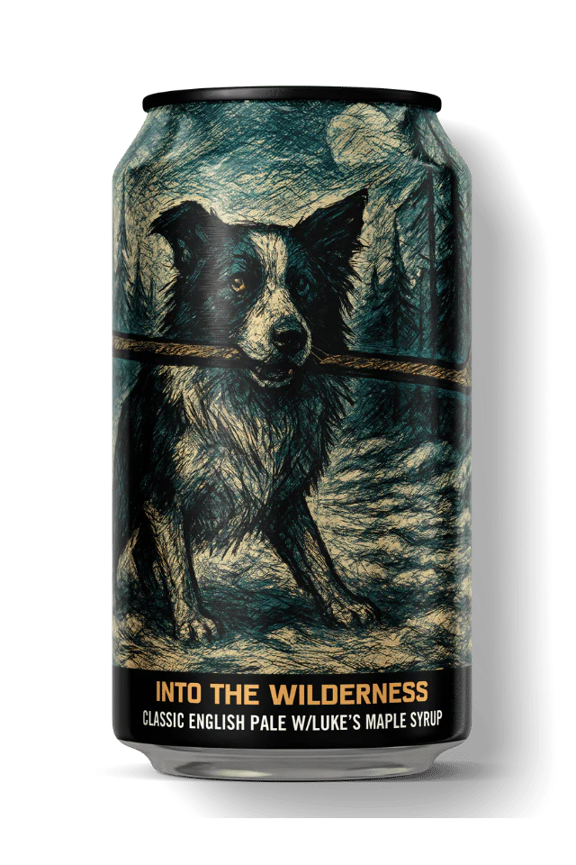 Beer can with a dog illustration and text on a white background